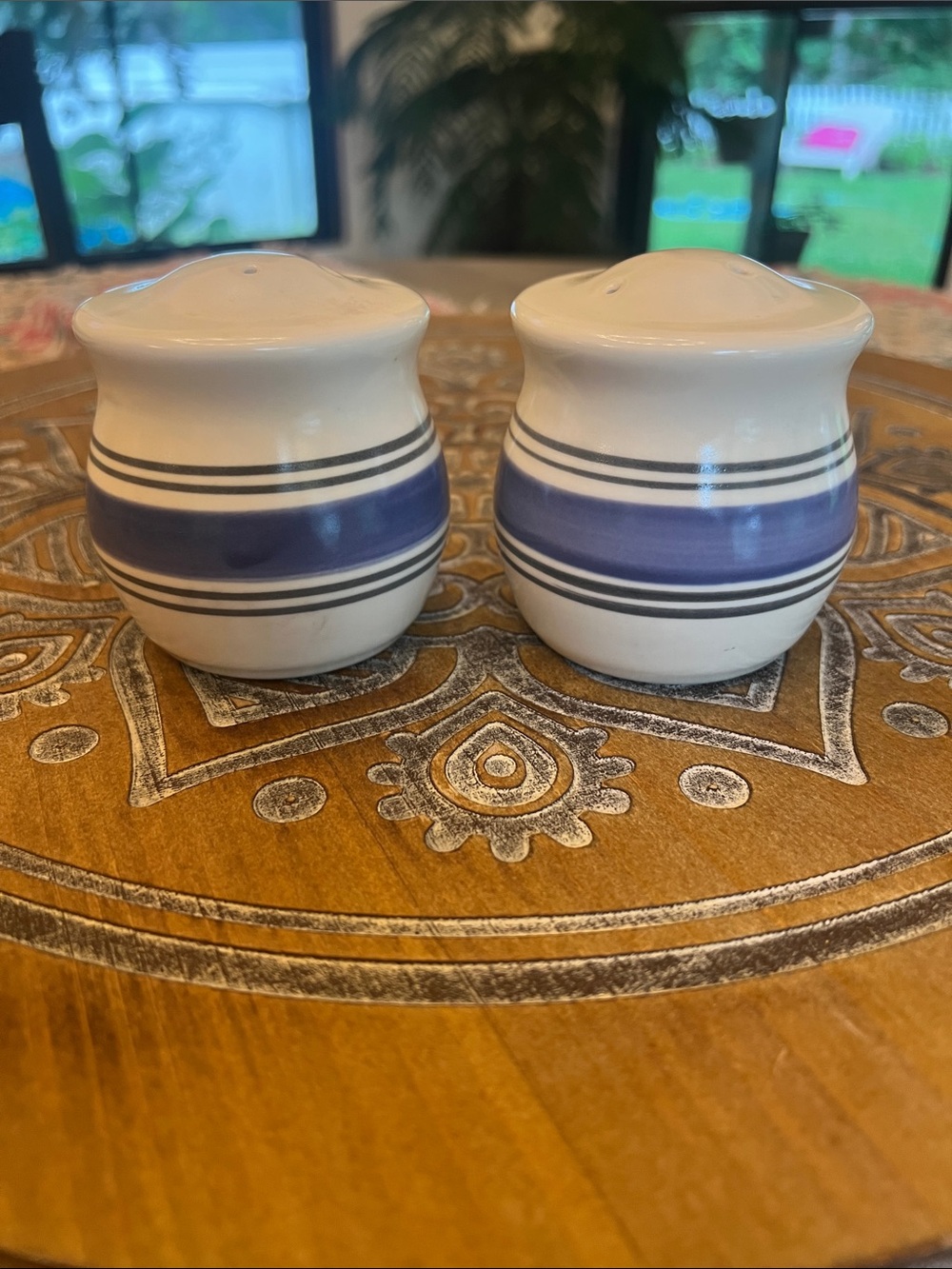 Pfaltzgraff Salt and Pepper Shakers in Blue Stripe. RIO. Like new.